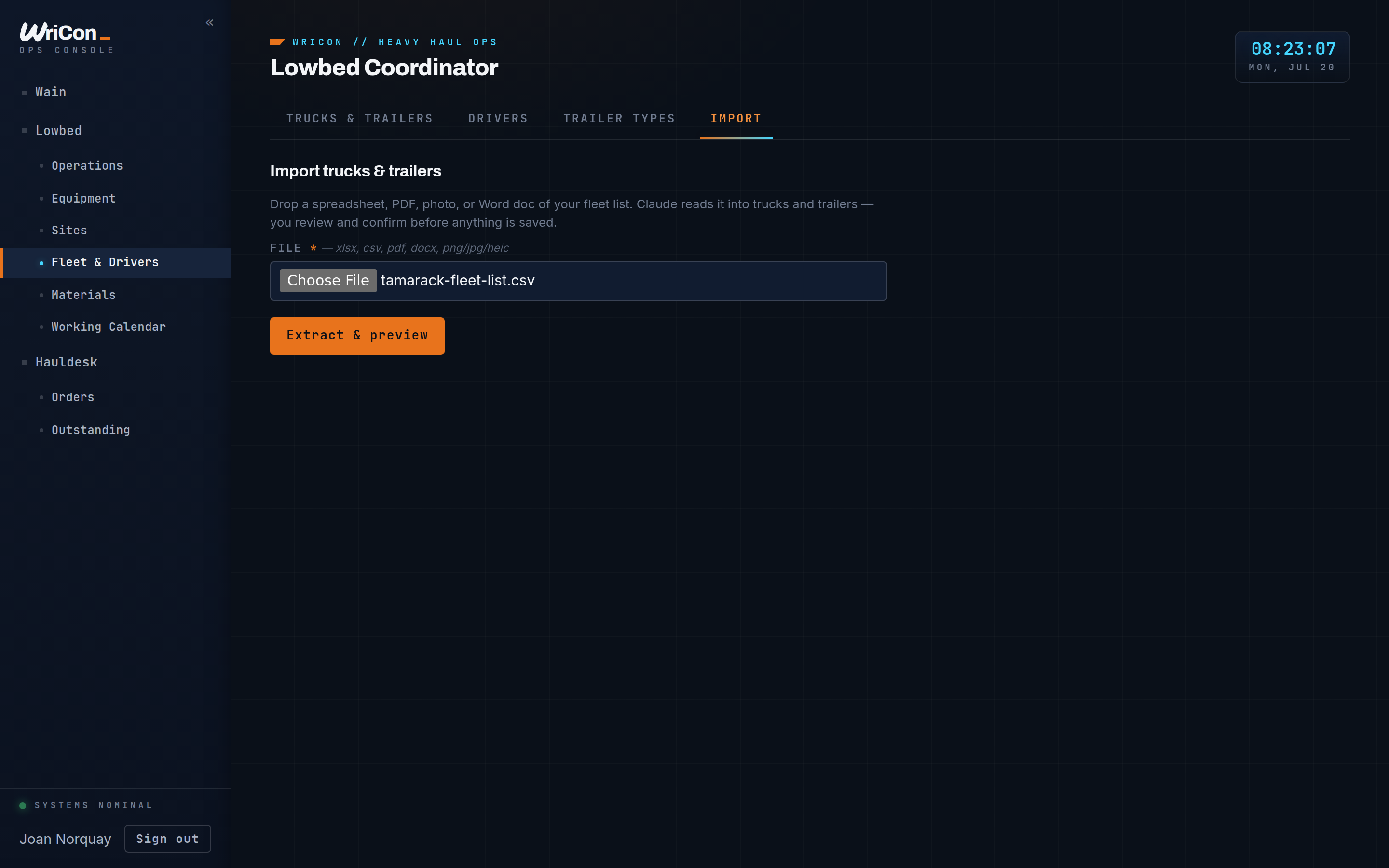 The fleet-list importer: drop a spreadsheet, PDF, photo, or Word doc and the extracted trucks and trailers come back for review — nothing saves until a person confirms.